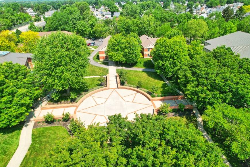 a photo taken by a drone of hayes courtyard